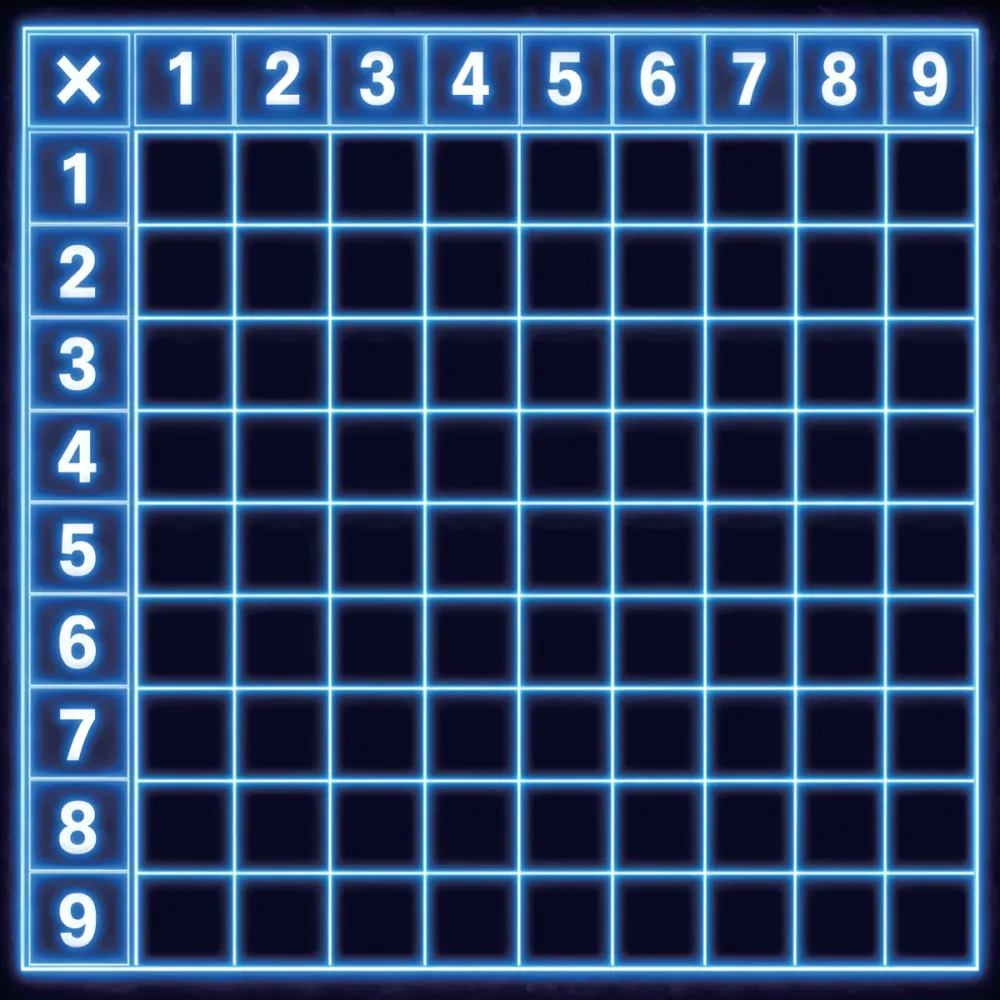 答えが書かれていない9×9の九九盤面。縦横の見出しに1から9を表示。