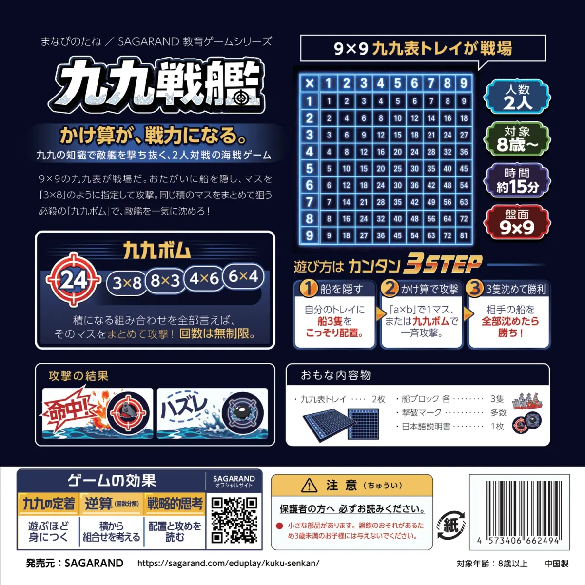 九九戦艦のパッケージ裏面。ゲーム概要、内容物、遊び方を掲載。